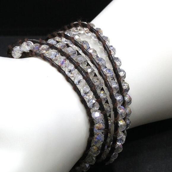 Clear Crystal Wrap Bracelet Necklace 4X Brown Leather Boho Beaded Jewelry - Picture 2 of 7